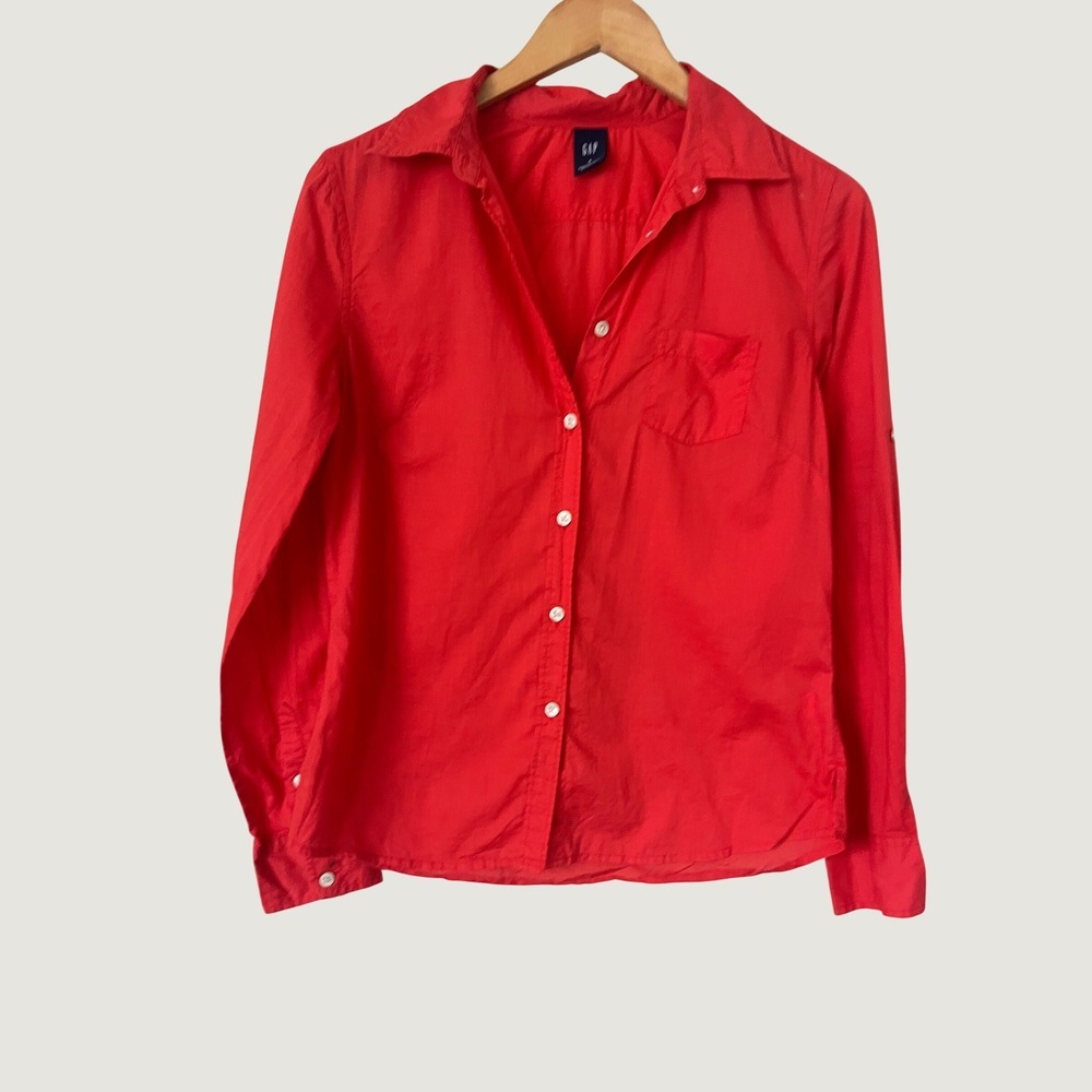 Gap Womens Orange Cotton Button Down Shirt Roll Tab Sleeve Beachy Resort Small